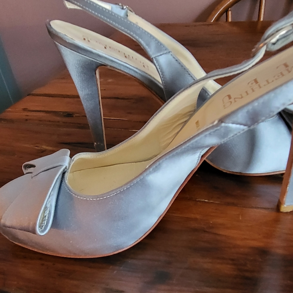 Something Bleu Bridal Light Blue Satin Slingback Heels with Bow - Picture 2 of 6